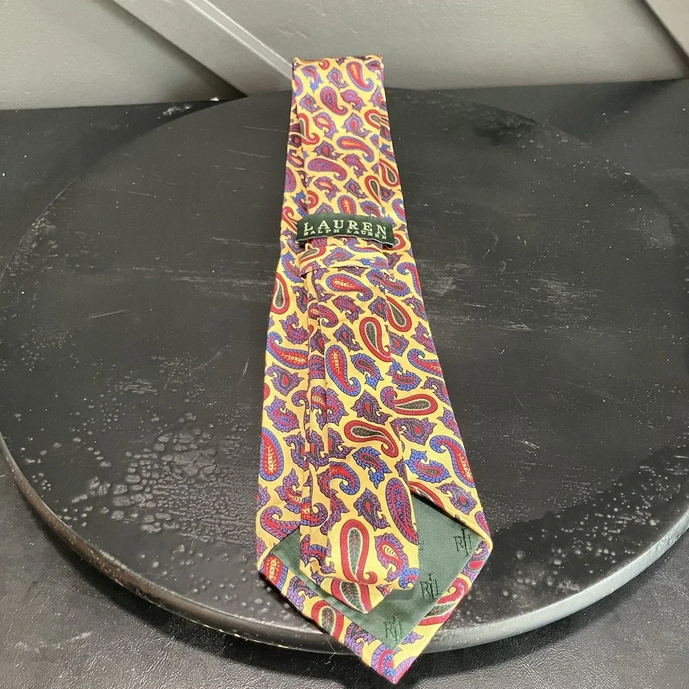 Lauren Ralph Lauren Handmade Silk Necktie Gold Blue Red Paisley Classic Vintage